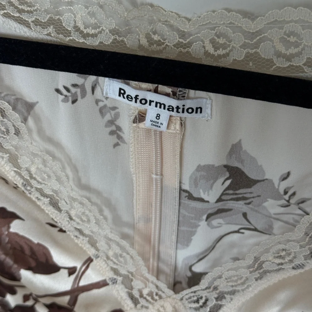 Reformation Cream Satin Floral Lace Trim Blouse